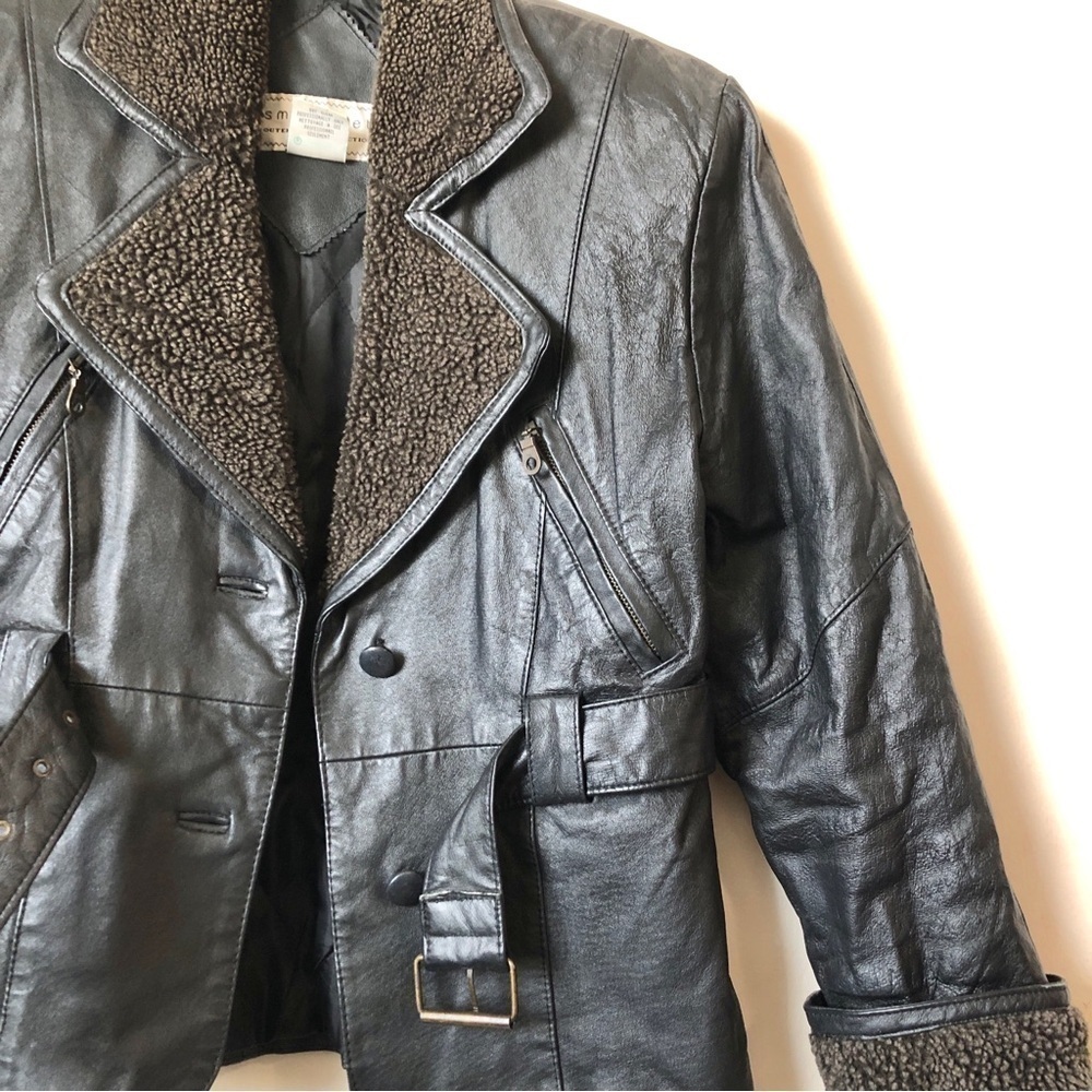 Smart Set Vintage 90s Brown Leather Aviator Jacket Crop Double Breasted Small - Picture 7 of 13